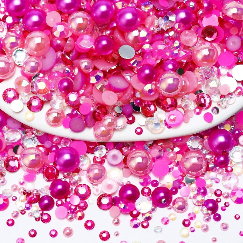 Towenm 60g Mix Flatback Pearls and Rhinestones for Crafts, 2-10mm Pearl Nails Face Art Tumblers, Mix Pearls, with Picker Pen, Light Pink|Hot Pink|Clear - Image 1